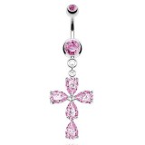 Piercing nombril croix cinq cristaux roses (D70)