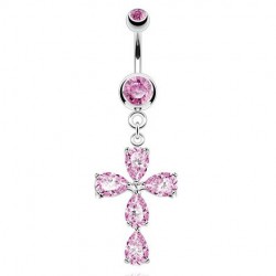 Piercing nombril croix cinq cristaux roses (D70)