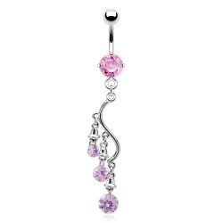 Piercing nombril chandelier trois zircones roses (D63)