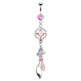 Piercing nombril losange rose avec breloques et plumes (D138)