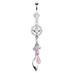 Piercing nombril losange transparent avec breloques et plumes (D138)