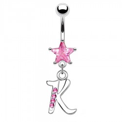 Piercing nombril lettre K avec des cristaux et une étoile rose