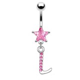 Piercing nombril lettre L avec des cristaux et une étoile rose