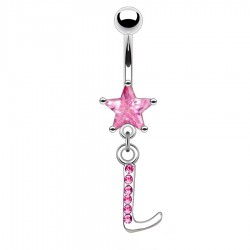 Piercing nombril lettre L avec des cristaux et une étoile rose