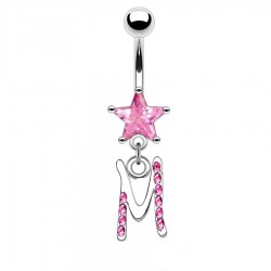 Piercing nombril lettre M avec des cristaux et une étoile rose