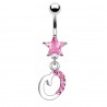 Piercing nombril banane lettre O avec cristaux roses et étoile rose