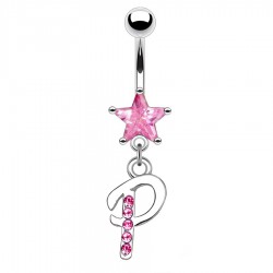 Piercing nombril lettre P avec des cristaux et une étoile rose