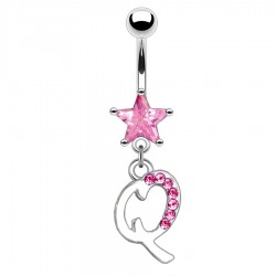 Piercing nombril lettre Q avec des cristaux et une étoile rose
