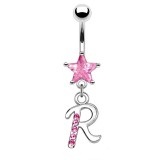 Piercing nombril lettre R avec des cristaux et une étoile rose