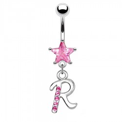 Piercing nombril lettre R avec des cristaux et une étoile rose