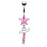 Piercing nombril lettre T avec des cristaux et une étoile rose