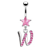 Piercing nombril lettre W avec des cristaux et une étoile rose
