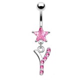 Piercing nombril lettre Y avec des cristaux et une étoile rose