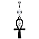 Piercing nombril ankh noire avec cristaux transparents (D160)