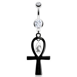 Piercing nombril ankh noire avec cristaux transparents (D160)