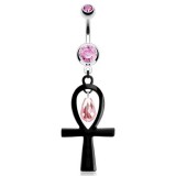 Piercing nombril ankh noire avec cristaux roses (D160)