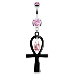 Piercing nombril ankh noire avec cristaux roses (D160)