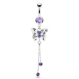 Piercing nombril papillon deux chainettes cristaux lilas (80)