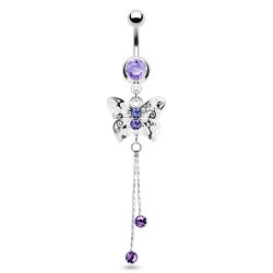 Piercing nombril papillon deux chainettes cristaux lilas (80)
