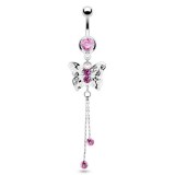 Piercing nombril papillon deux chainettes cristaux roses (80)