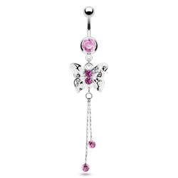 Piercing nombril papillon deux chainettes cristaux roses (80)