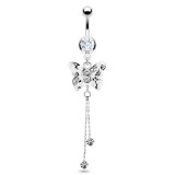 Piercing nombril papillon deux chainettes cristaux transparents (80)