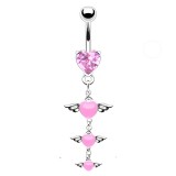 Piercing nombril cœur 50 - trois cœurs ailés pendants roses
