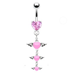 Piercing nombril cœur 50 - trois cœurs ailés pendants roses