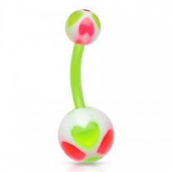 Piercing nombril UV 38 - Flexible quatre cœurs roses et verts