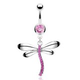 Piercing nombril libellule corps courbé cristaux roses (81)