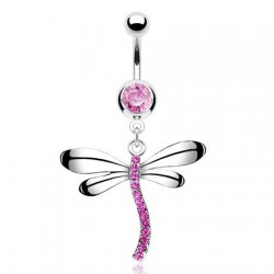 Piercing nombril libellule corps courbé cristaux roses (81)