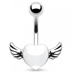 Piercing nombril cœur 49 - Blanc avec deux ailes grises