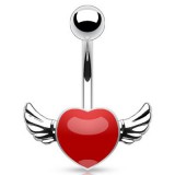 Piercing nombril cœur 49 - Rouge avec deux ailes grises