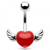 Piercing nombril cœur 49 - Rouge avec deux ailes grises