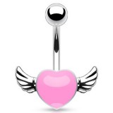 Piercing nombril cœur 49 - Rose avec deux ailes grises