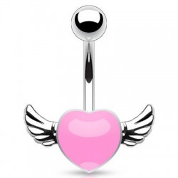 Piercing nombril cœur 49 - Rose avec deux ailes grises