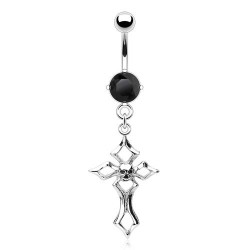 Piercing nombril croix 05 - Cristal noir bords pointus et crâne
