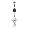 Piercing nombril croix 05 - Cristal noir bords pointus et crâne