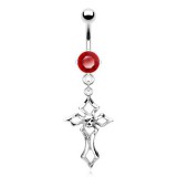 Piercing nombril croix 05 - Cristal rouge bords pointus et crâne