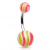 Piercing nombril UV 10 - Boules striées roses et jaunes
