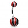 Piercing nombril UV 10 - Boules striées noires et rouges