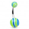 Piercing nombril UV 10 - Boules striées bleues et vert-pomme