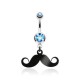 Piercing nombril moustache noire cristal bleu-clair (D147)