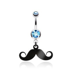 Piercing nombril moustache noire cristal bleu-clair (D147)