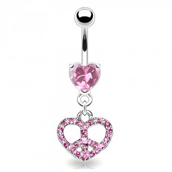 Piercing nombril cœur 54 - Signe "Peace and love" cristaux roses