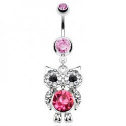 Piercing nombril hibou debout cristaux roses et transparents (117)