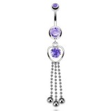 Piercing nombril cœur 47 - Lilas avec trois chainettes