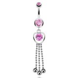 Piercing nombril cœur 47 - Rose avec trois chainettes