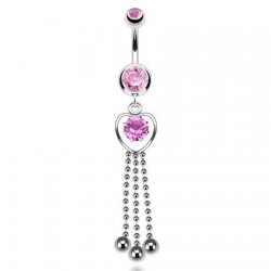 Piercing nombril cœur 47 - Rose avec trois chainettes