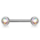Piercing téton barbell 04 - Deux boules avec cristaux auroras